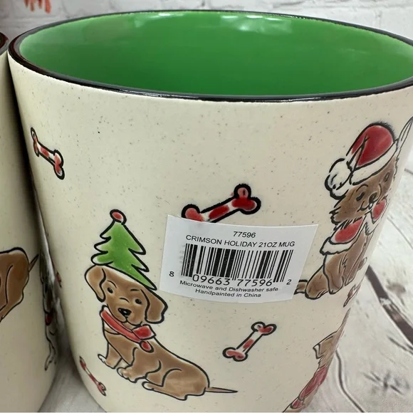 NWT ELI + ANA crimson holiday 21oz mug set Festive Dog-Themed hand painted - Picture 4 of 8
